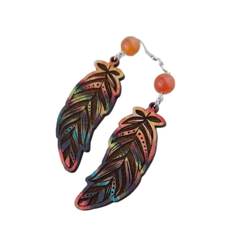 Beaded Wood Feather Engraved Earrings