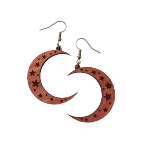 Crescent Moons Wood Engraved Earrings