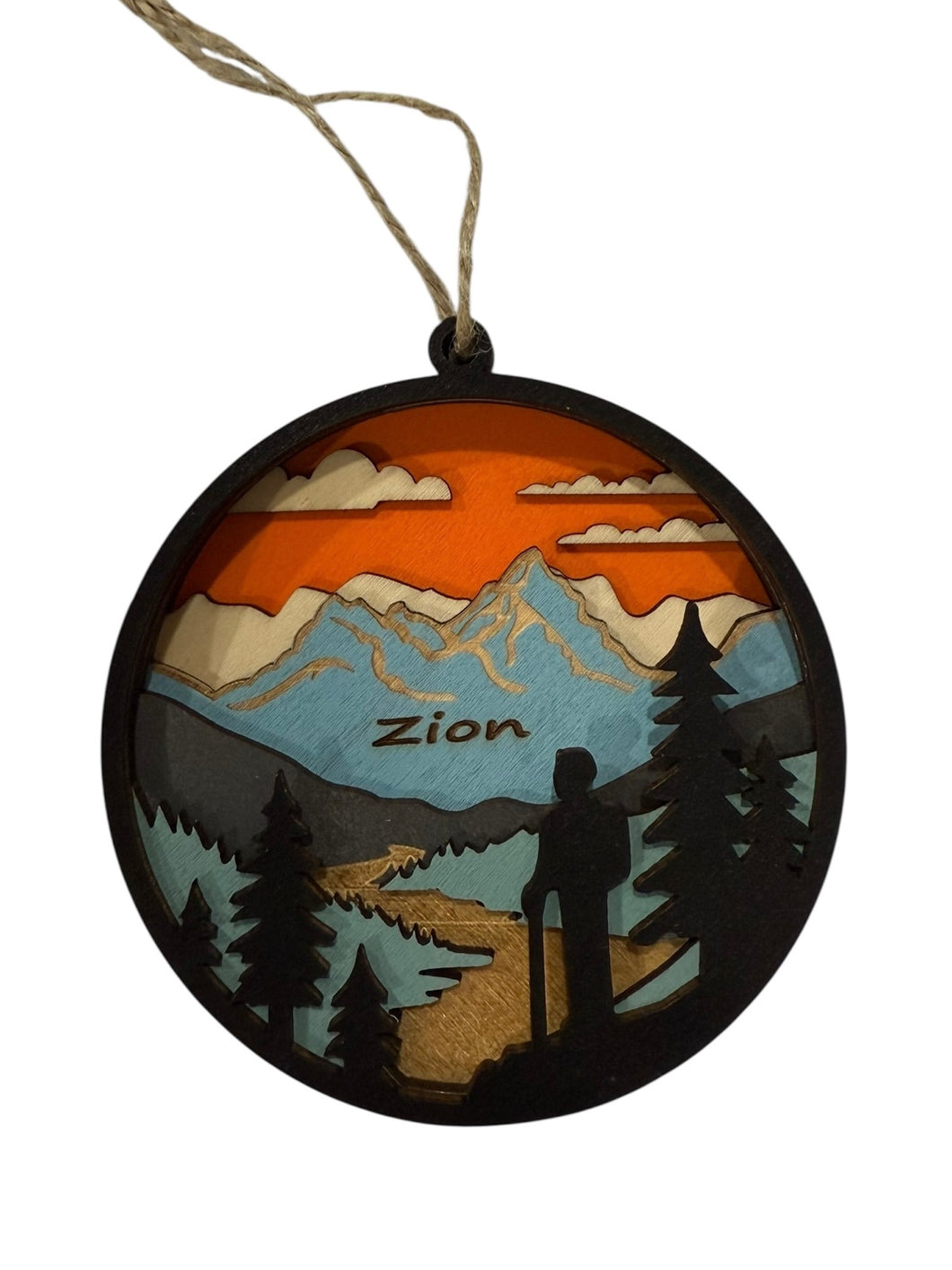 Hiker & Mountains Round Zion 3D Wood Ornament