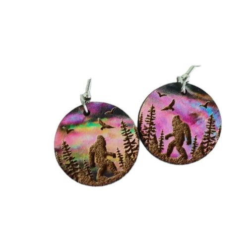 Bigfoot Wooden Earrings Moon & Stars Skyline