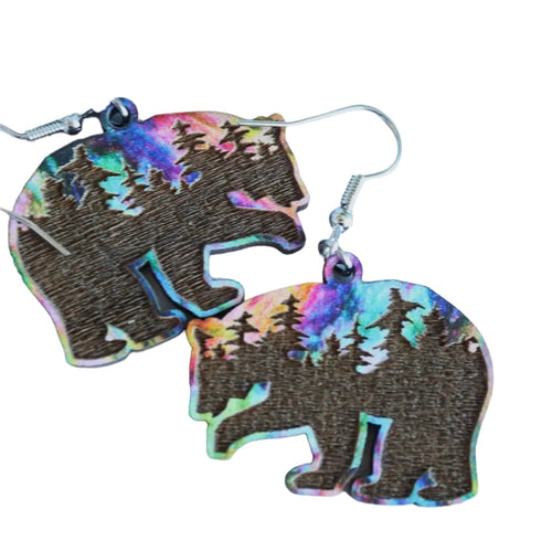 Aurora Bear Forest Engraved Wood Dangle Earrings
