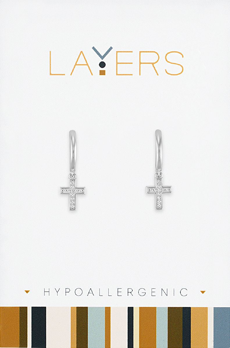 Layers Earrings 582S Silver CZ Cross Huggie