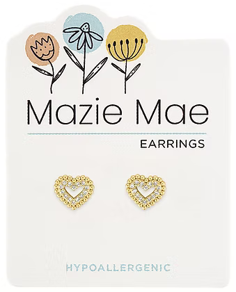 Gold Double Bordered CZ Heart Stud MM Earring