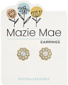 Gold White Opal CZ Flower Stud MM Earring