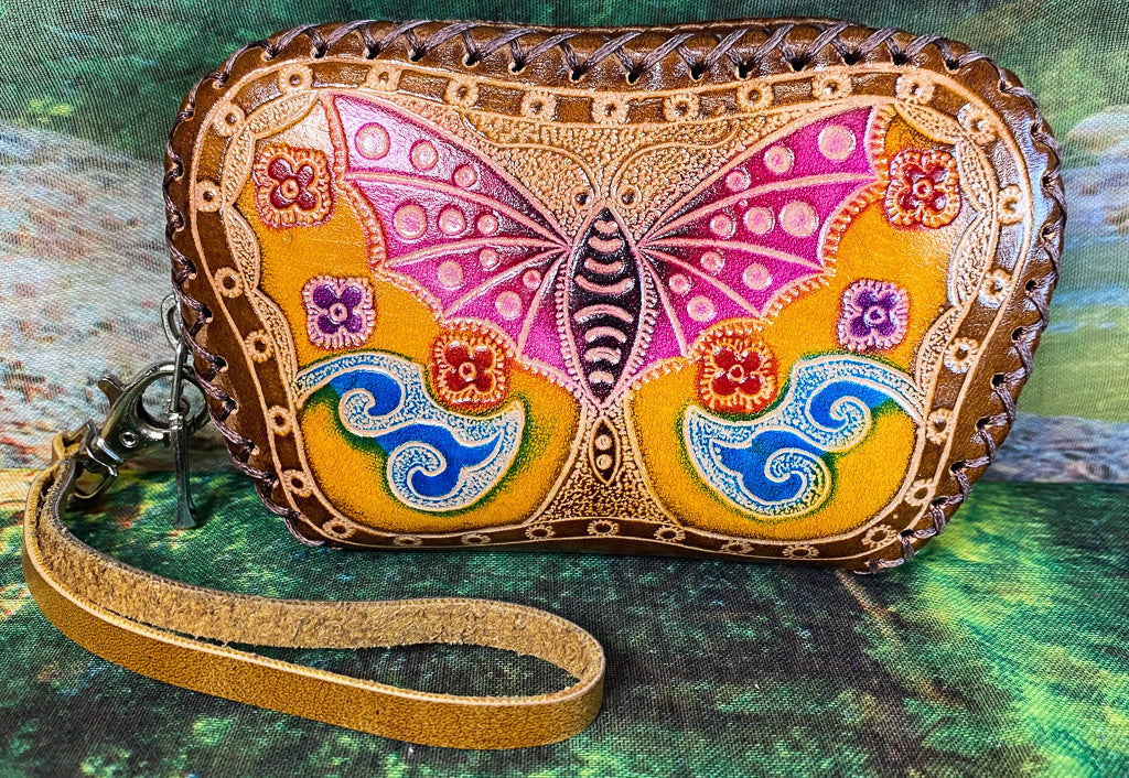 Butterfly Leather Wristlet