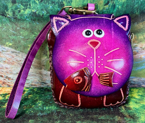 Cat with Fish Leather Wristlet