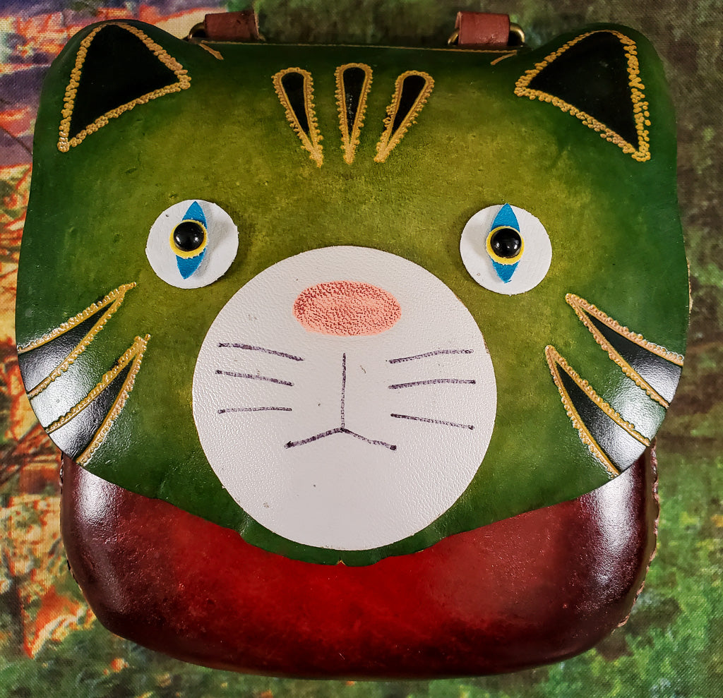 Green Faced Cat Large Leather Purse